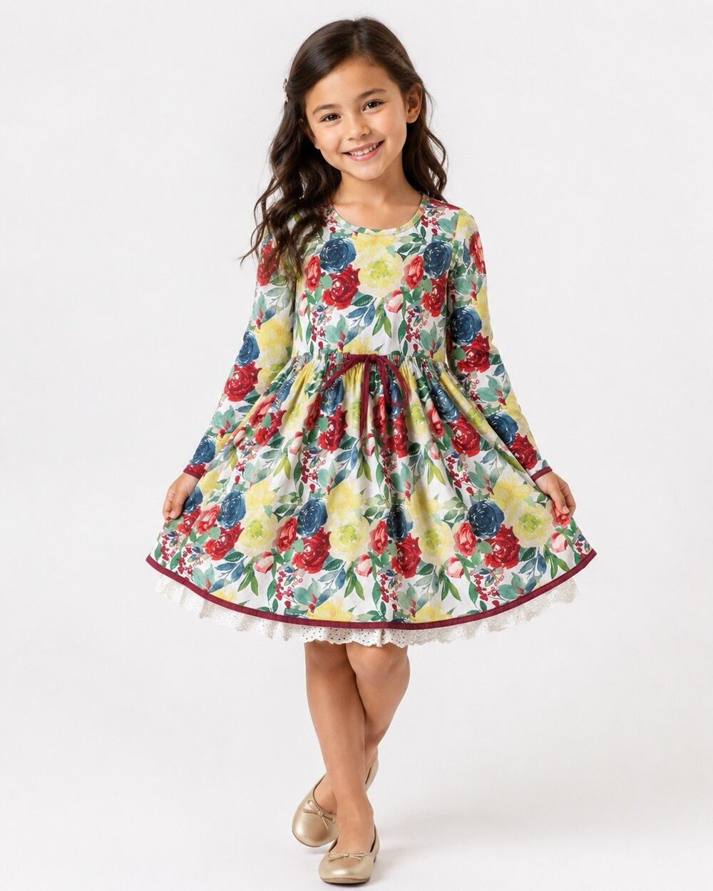 Cheeky Plum Girls 7Y Floral Twirl Dress Long Sleeve Criss Cross Back Lace Trim